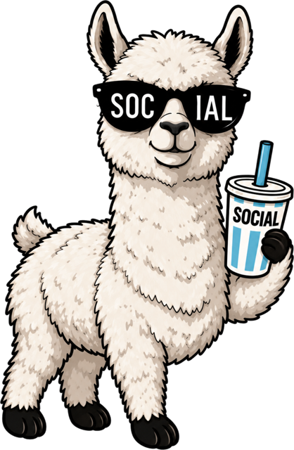Social llama mascot in sunglasses holding a Social drink